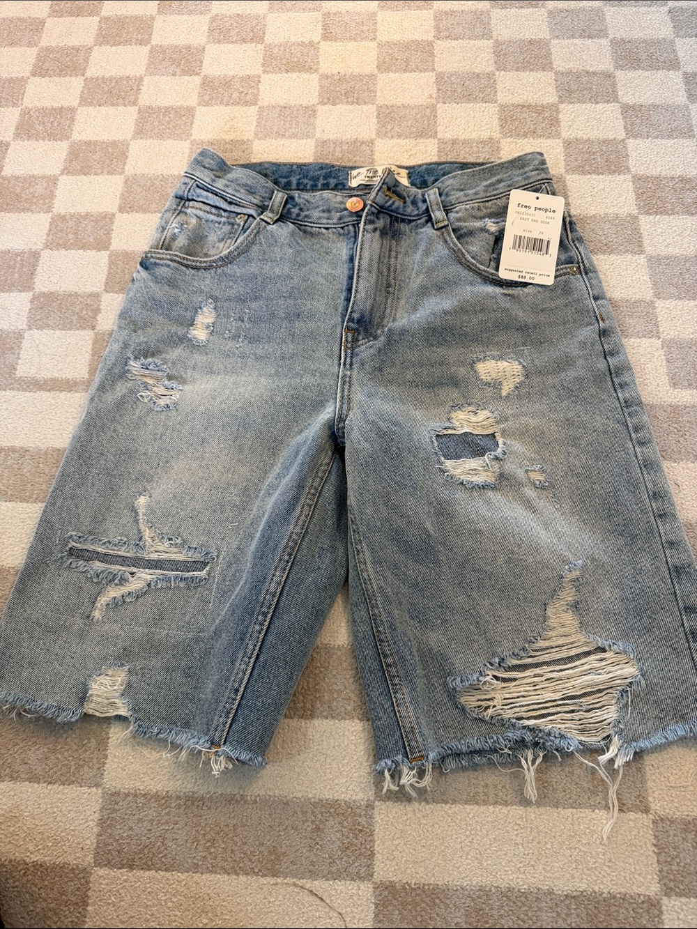 Free People Light Wash Distressed Long Denim Shorts